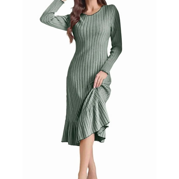 Long Sleeve Fall Dress for Women Casual Crew Neck Midi Long Ribbed Knit Ruffle Swing Maxi Dress Green M