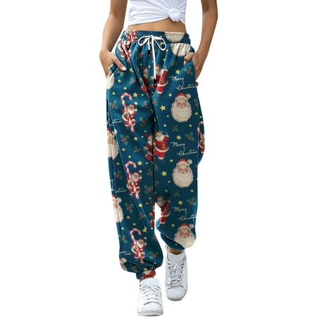 

CAICJ98 Women S Pants Christmas Womens Leisure Pants Christmas Printed Home Pants Wide Leg Pants Pajama Pants Pull Rope Elastic Waist Blue XL