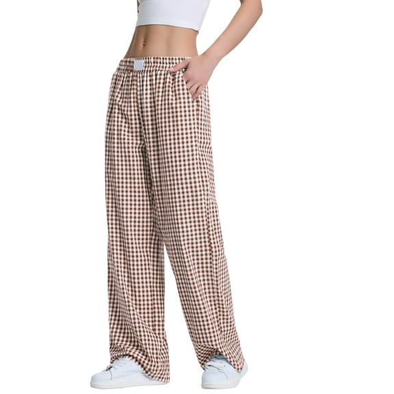 Womens Striped Gingham Pajama Lounge Boxer Pants Cute Comfy Bottoms with Pockets Fall Y2K Outfits Coffee S