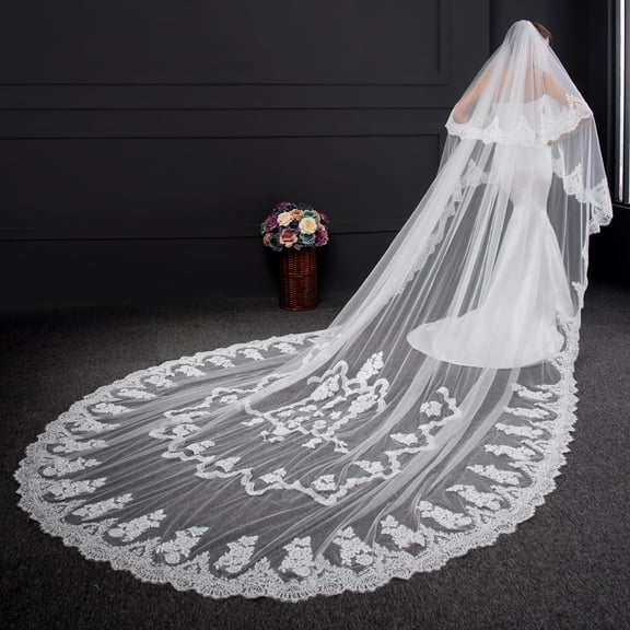 EllieWely 2 Tier Wedding Veil Chapel Length 3.5 M(138 inch) Lace Bridal Veil With Metal Comb L10 White