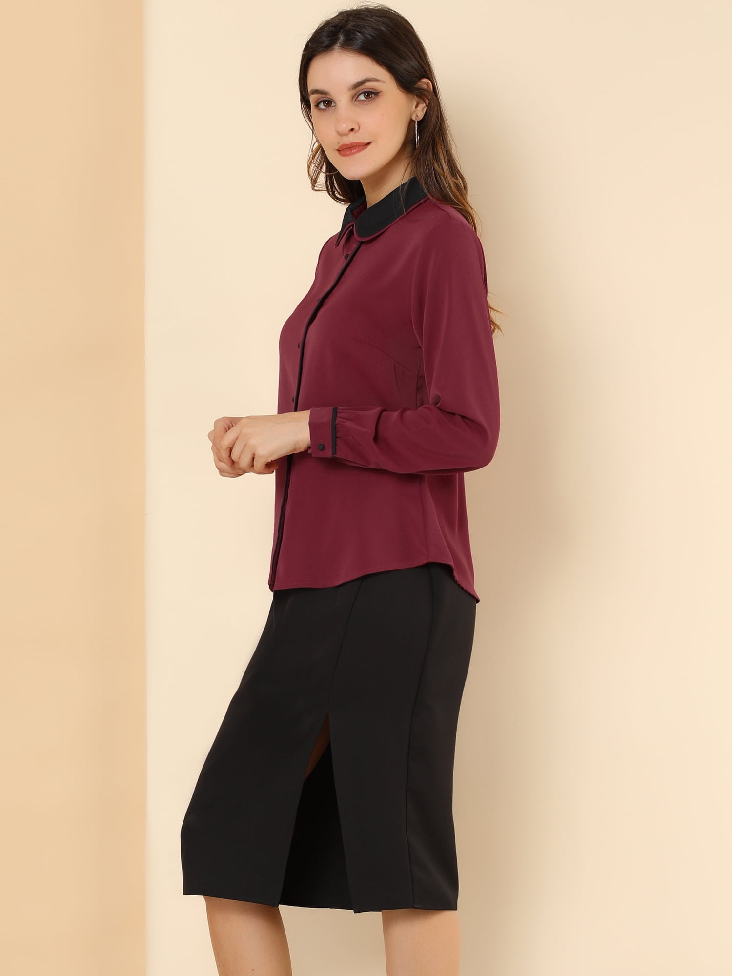 DARING DIVA Women's Button Down Long Sleeve Peter Pan Collar Blouse L Burgundy