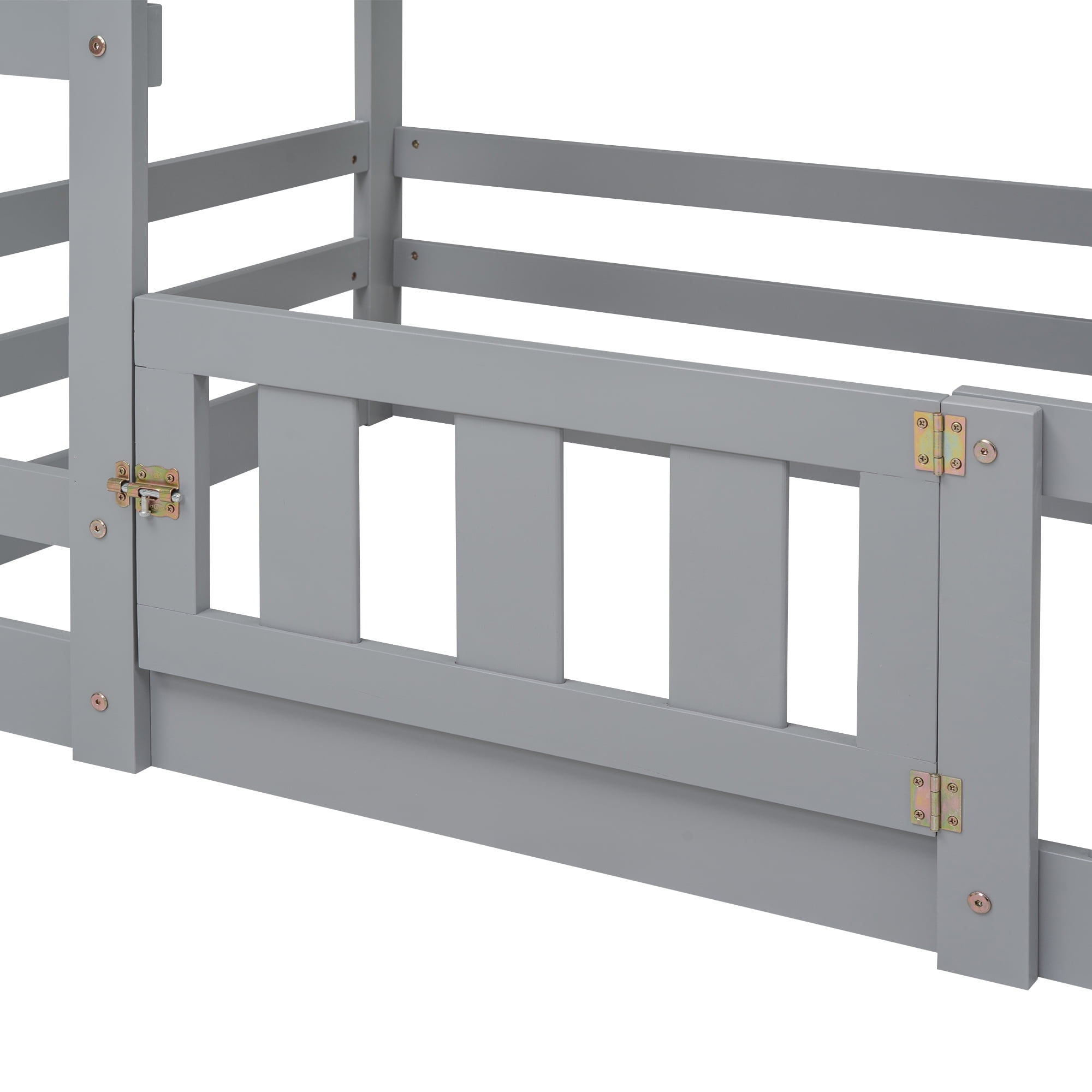 Aukfa Twin-over-Twin Bunk Bed with Fence and Door, Solid Wood House Bunk Bed for Kids Toddy - Gray