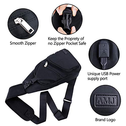 AMJ Sling Bag Shoulder Backpack Chest Bags Crossbody Daypack with USB Cable for Hiking Camping Outdoor Trip Women Men 