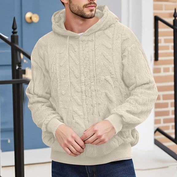 UQJfacai Mens Fuzzy Sherpa Hoodie Fleece Pullover Sweatshirts Fall Winter Long Sleeve Hooded Textured Casual Outerwear with Pocket