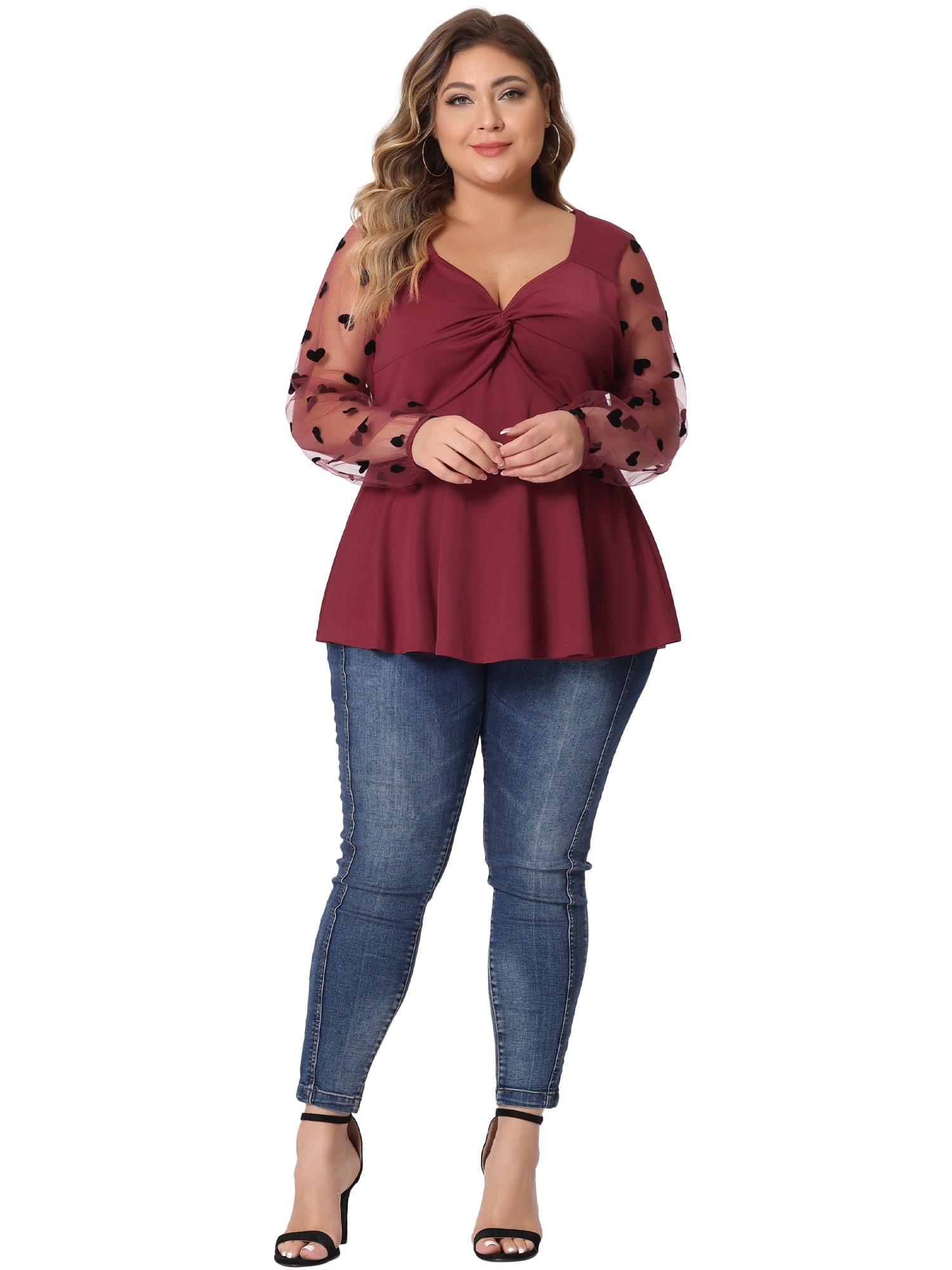 Unique Bargains Women's Plus Size Panel Heart Sheer Mesh Long Sleeve Shirts Blouses 2X Burgundy