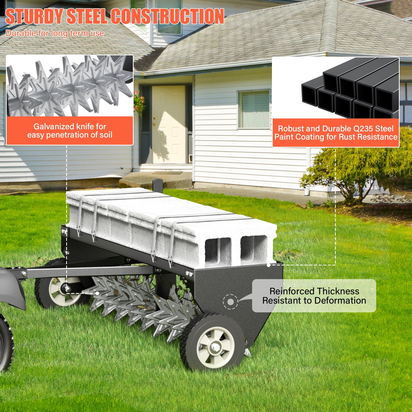 40-Inch Tow Behind Plug Aerator with Transport Wheels, Galvanized Steel Tines & Extra-Wide Tow Bar, Pull Behind Aerator for Gardens, Lawns, Farms