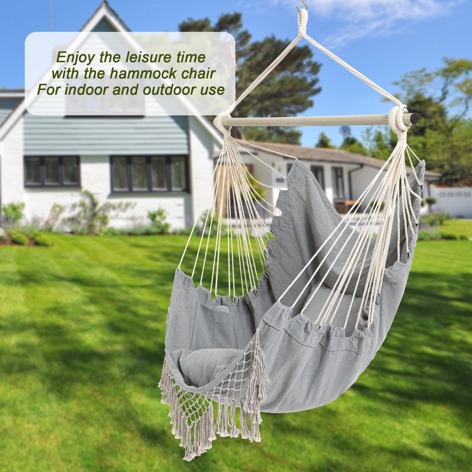 YAERSI Sturdy Lightweight Comfortable Hanging Rope Swing with Cushions, Gray