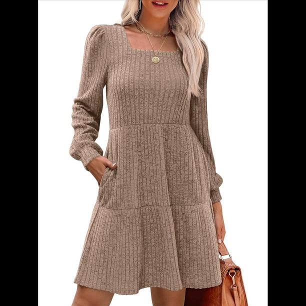Vestido Estilo Babydoll Informal de Otoño con Cuello Cuadrado y Larga para Mujer. Caqui L