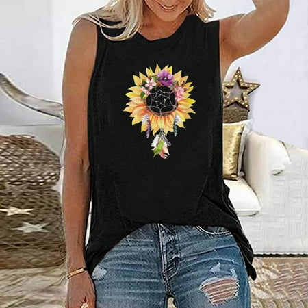 

dmqupv Women Tops Women Tank TopsSleeveless Sunflower PrintedCasualElegant Shirts Blouses Brand Women Pajamas Black X-Large