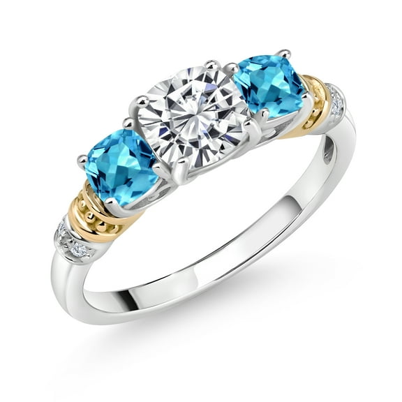 925 Sterling Silver and 10K Yellow Gold IGI Certified Lab Grown Diamond and Swiss Blue Topaz 3 Stone Ring for Women | 1.76 Cttw | Center 1 Ct Cushion Diamond | E-F Color | VS1-VS2 Clarity | Size 5