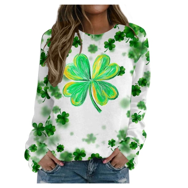 Xuyuer Women's Round Neck St. Patrick's Day Printed Long Sleeve Shirts Sweatshirt - Festive Holiday Graphic Pullover Top for Seasonal Parties, Gift Exchanges and Cozy Spring Summer Wear