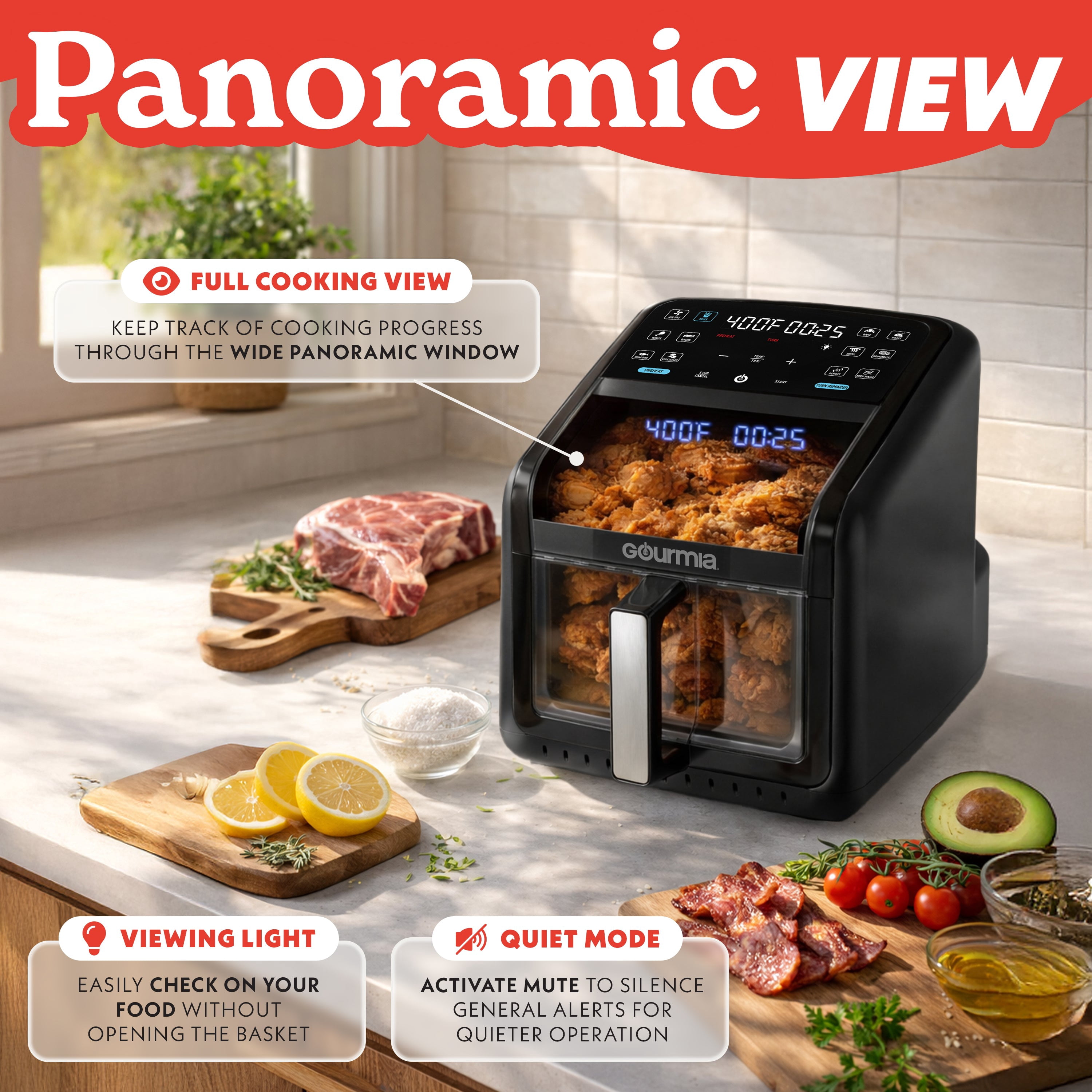 Gourmia Panorama 7-QT Digital Air Fryer with Panoramic View, Holographic Display, & 12 Presets, Black