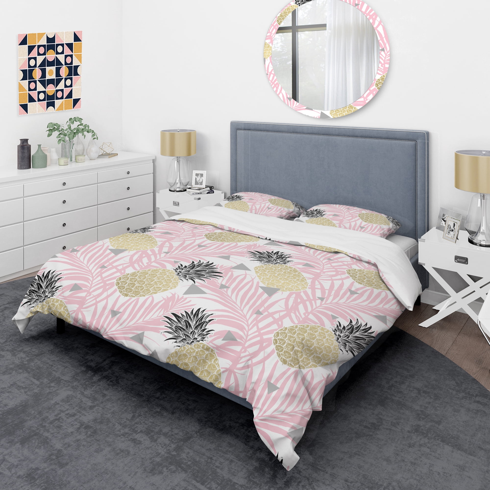 Designart 'Golden Pineapple Pink Leaves' Mid-Century Modern Duvet Cover Set