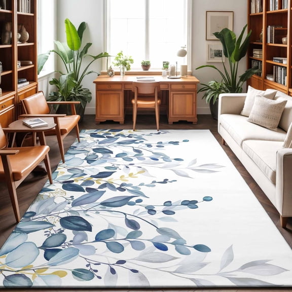 Large Area Rugs 6'x9', Navy Blue Eucalyptus Carpet Runner Indoor Outdoor Rugs Home Decor Aesthetic, Watercolor Spring Weeping Botanical Non Slip Mats Washable Accent Rug for Living Room Bedroom