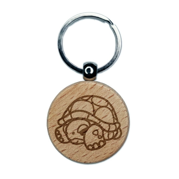 Shy Turtle Hiding in Shell Round Keychain Charm Tag - Engraved Wood