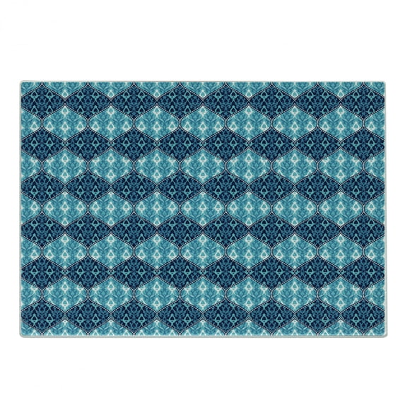 Navy Blue Cutting Board, Horizontal Oriental Inspired Pattern in Patchwork Style Print, Decorative Tempered Glass Cutting and Serving Board, Small Size, Pale Blue Dark Blue, by Ambesonne