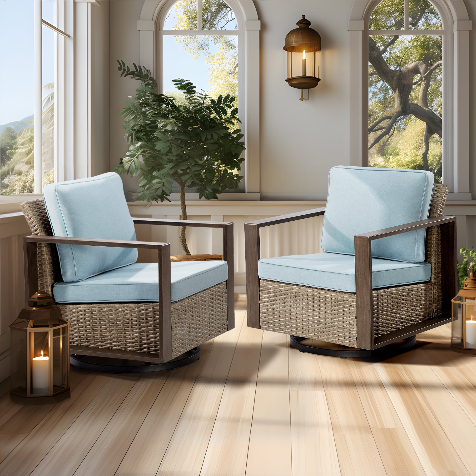 MeetLeisure Outdoor Swivel Patio Metal Chairs Set of 2, 360 Degree Glider Rocker Rattan Chairs with Washable Cushion & Steel Rectangular Armrest for Porch, Sky Blue