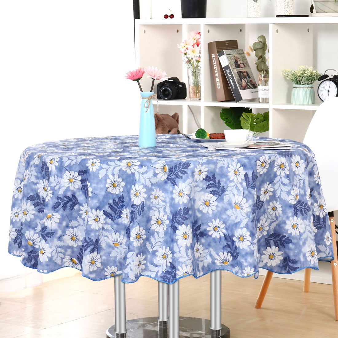 Vinyl House Tablecloth Round 60" Dia Blue Flower Pattern Water