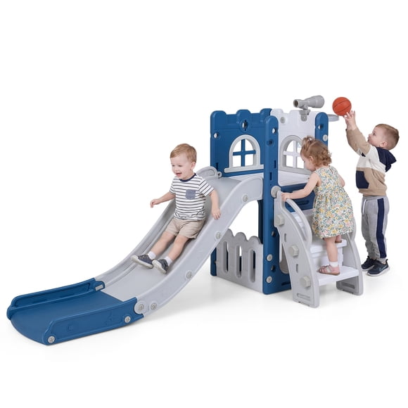 Costway 6-in-1 Kids Indoor Slide Playset with Basketball Hoop, Telescope, Climbing Ladder Blue