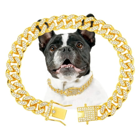 Gold Dog Chain Diamond Gold Chain Dog Collar Walking Metal Chain Collar with Design Secure Buckle Pet Collar Jewelry Accessories Dog Necklace for Small Medium Large Dogs Cats (Gold 10 Inch)