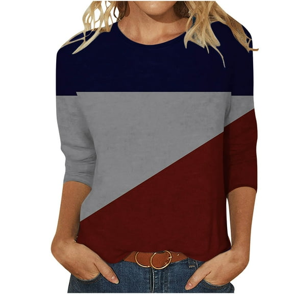 Annhoo 3/4 Length Sleeve Womens Tops Trendy Color Block Crewneck T Shirts Fall Going out Lounge Blouse Tees
