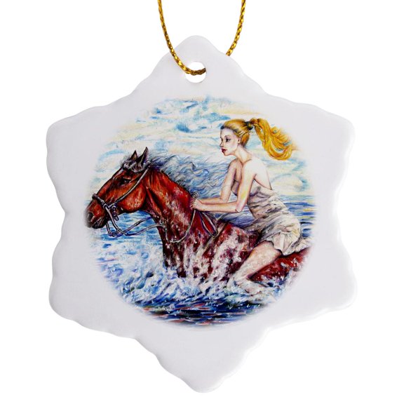 3drose, Spirited Horse with Bare Back Rider She Having Fun Riding Horse and Getting Wet on a Hot Summer Day, 3 inch Snowflake Porcelain Ornament