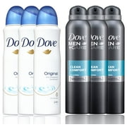 3 Bottles Dove Anti-Perspirant Deodorant Original & 3 Bottles Dove Men + Care Clean Comfort Spray Deodorant 48hr 150ML / 5.07 Oz - Total 6 Bottle Pack