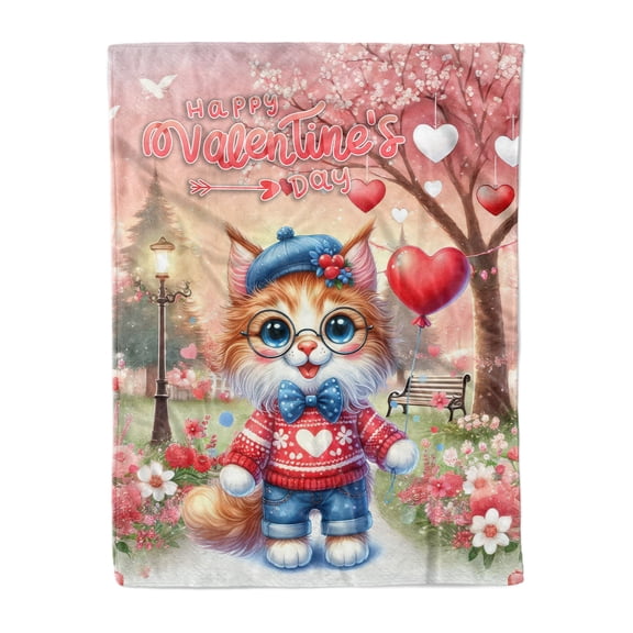 Happy Valentine’s Day Adorable Maine Coon Kitten Holding Heart Balloon Cozy Fleece Blanket Cat Lover Kitten Owner Gifts Warm Soft Throw Blanket - 00030
