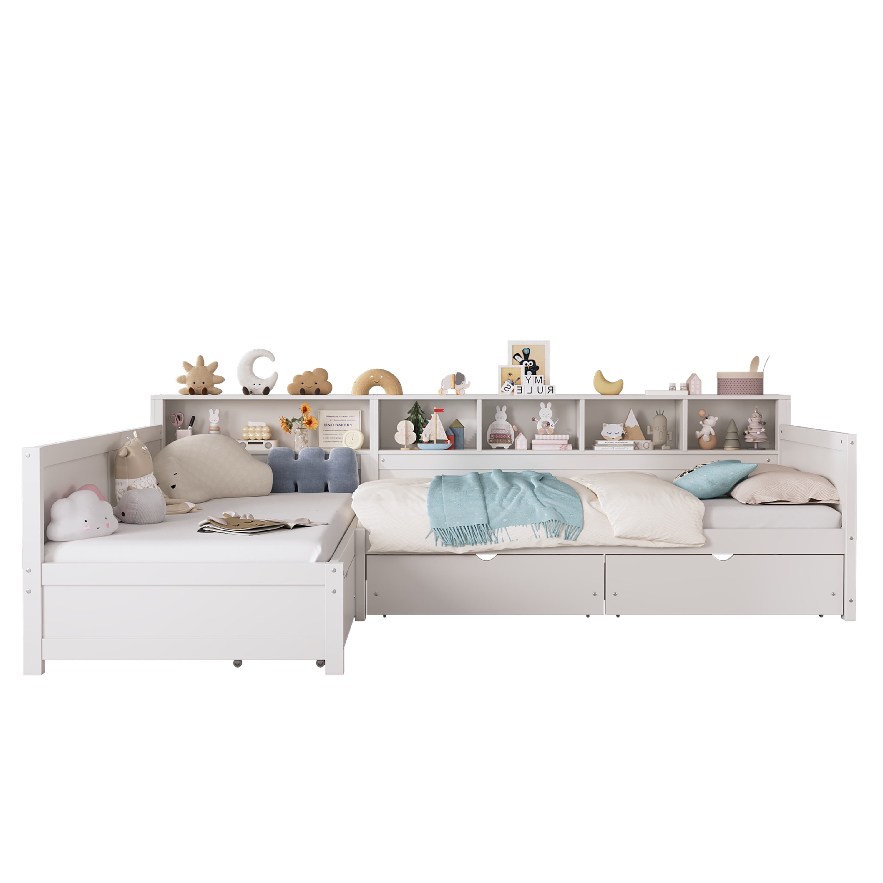 Yoneston L-Shaped Twin Daybed with Storage Side Bookcase and 3 Drawers, Corner Bed Frame with Storage Shelves for Kids Teens Bedroom Playroom Guest Room, White