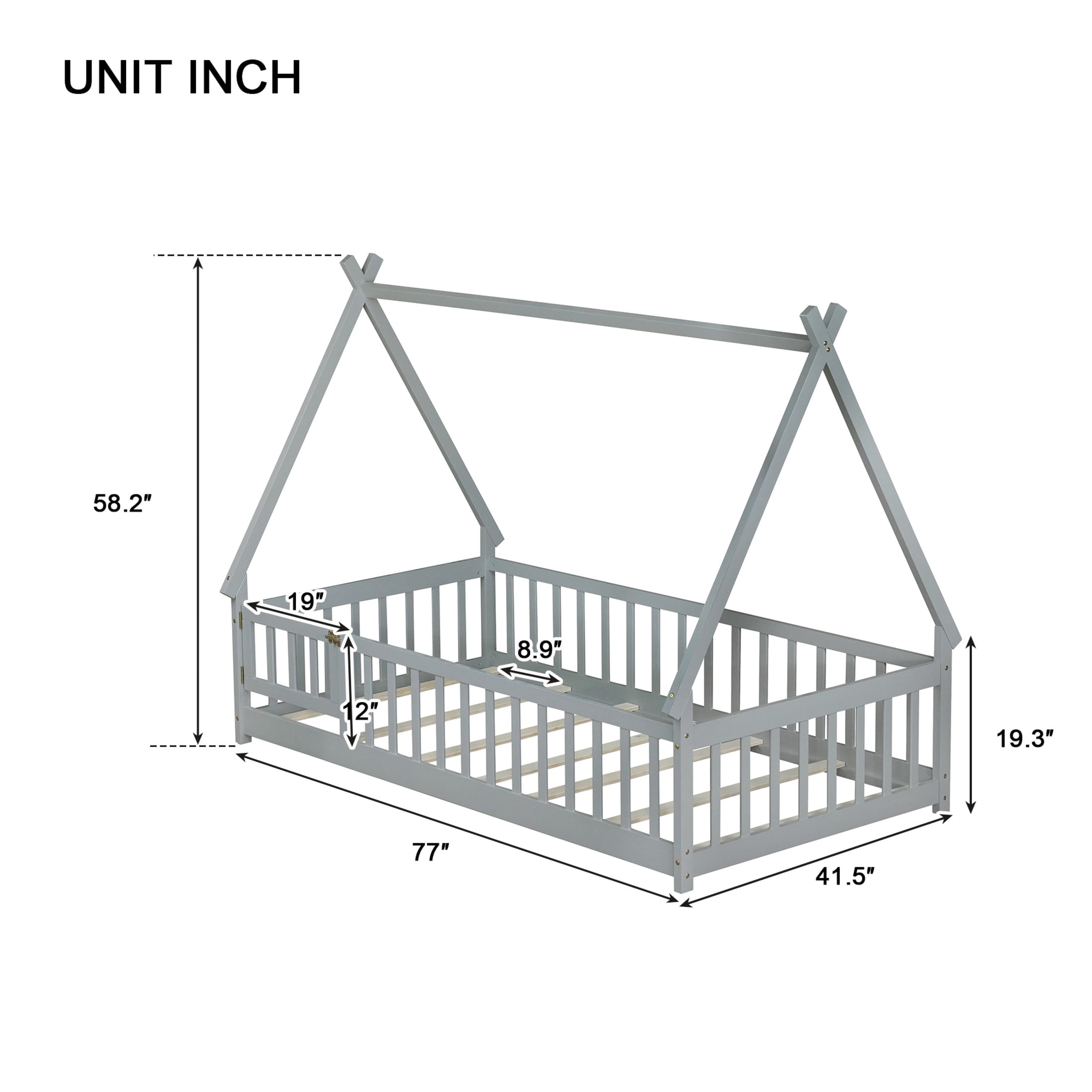 Noble House Misty Twin Teepee Floor Bed with Safety Fence and Door, Solid Rubber Wood Tent Bed, Kid's Room, Gray