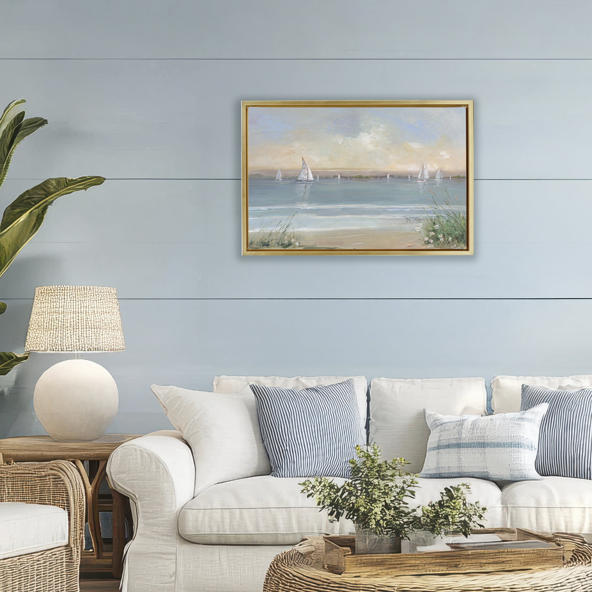 Stupell Industries Coastal Sailing At Dawn Gold Framed Floater Canvas Wall Art, design by Sally Swatland