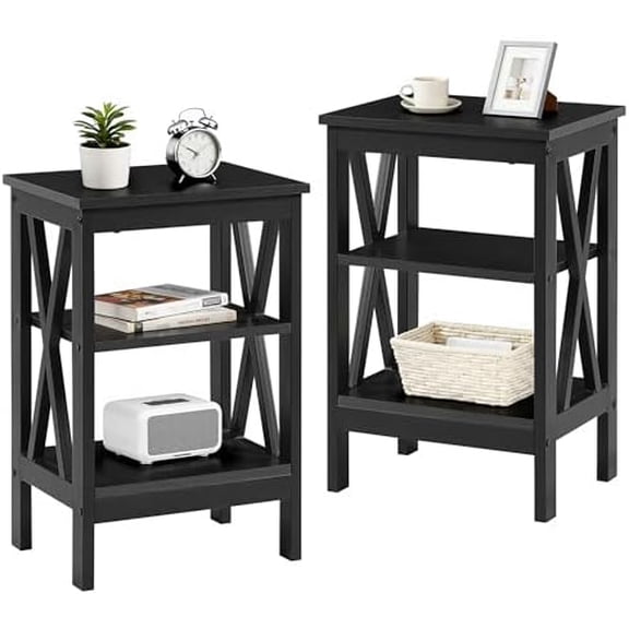 End Table Set of 2, Bedside Table, 24" Tall Living Room End Tables, X-Design Reinforced Nightstands, Side Table with 3-Tier Storage Shelves for Small Spaces, Office, Bathroom, Bedroom, Black