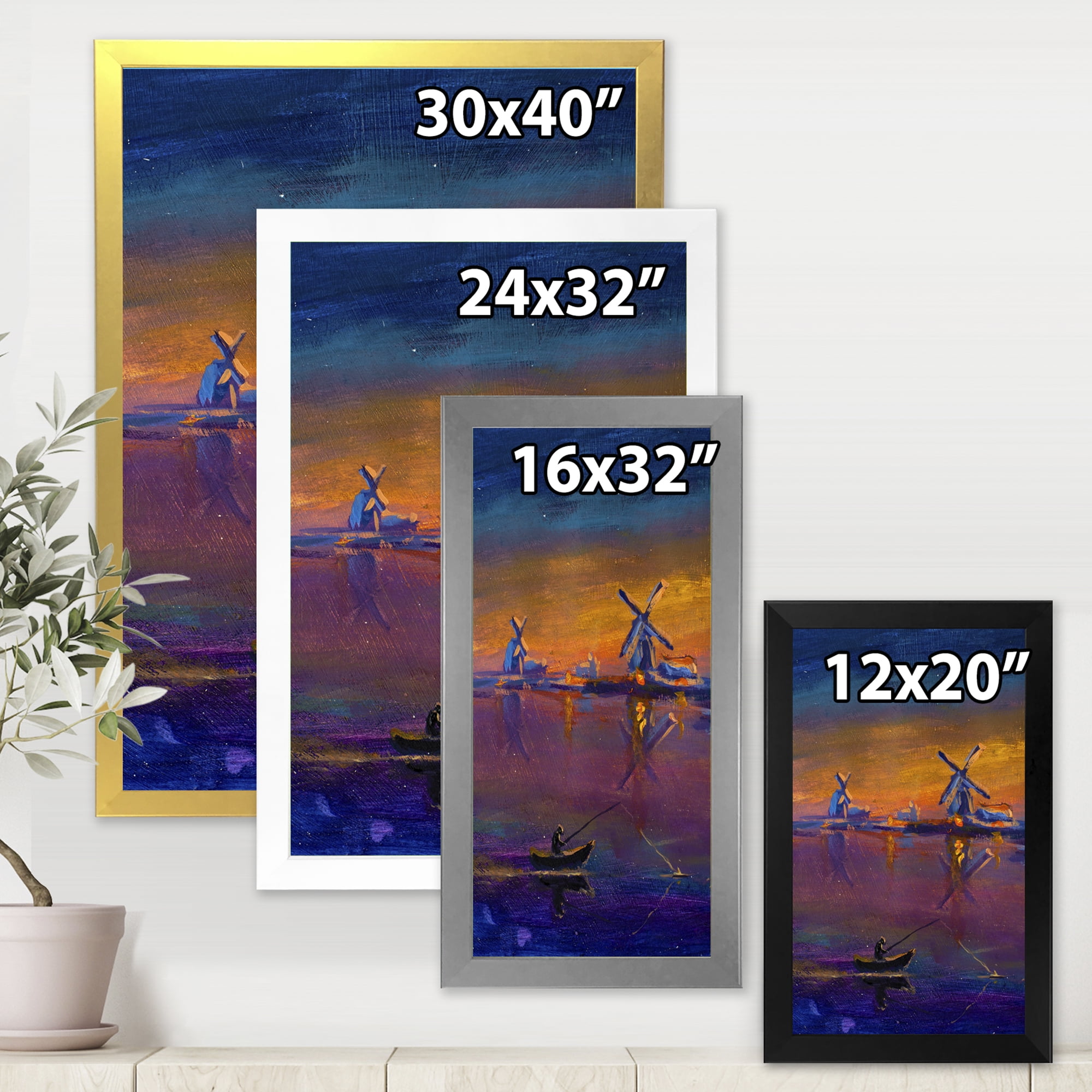Designart 'Evening Fishing Near The Traditional Windmill' Nautical & Coastal Framed Art Print