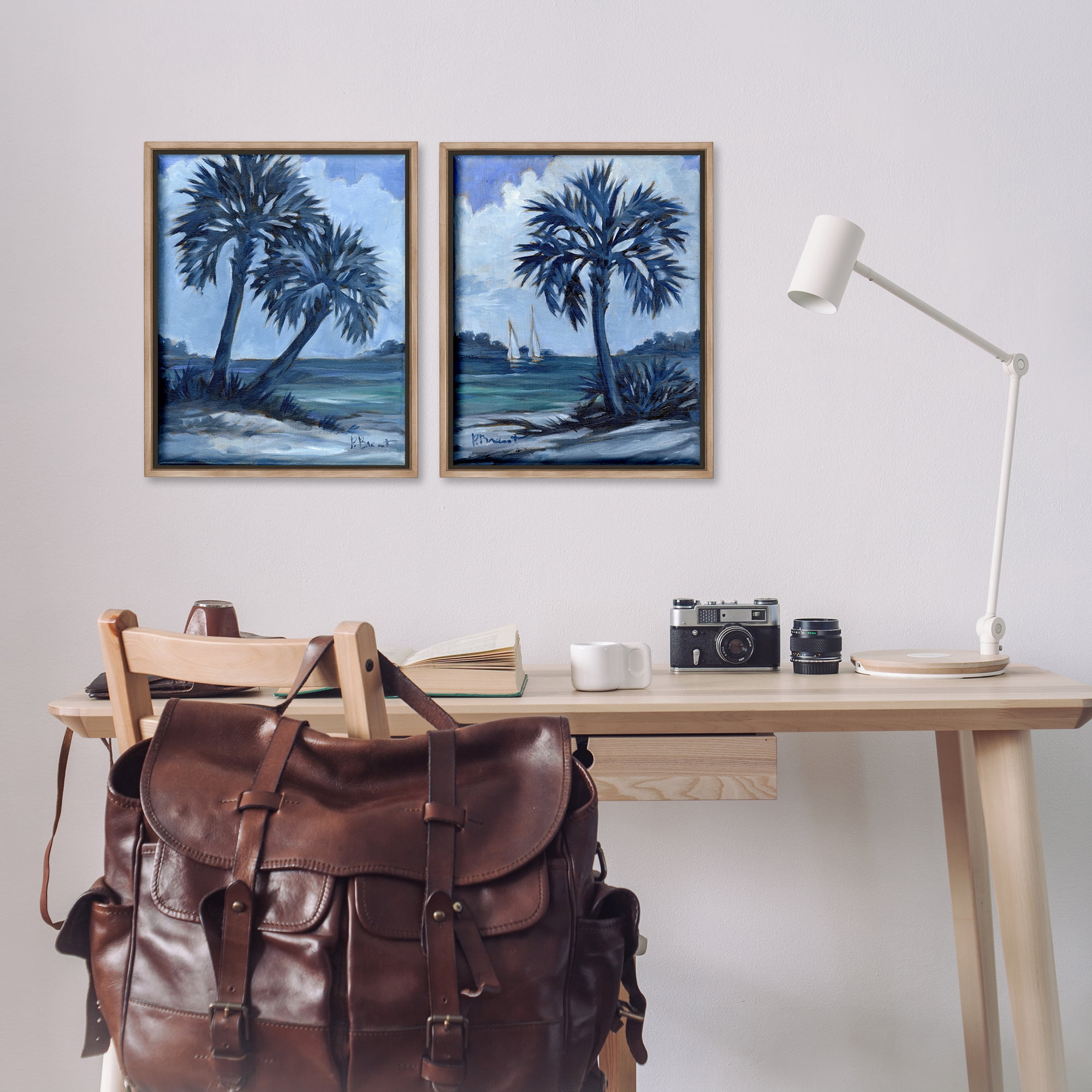Stupell Industries Impressions of Indigo Palms Nautical & Beach Painting Brown Floater Framed Canvas Art Print Wall Art, 17 x 21, Set of 2