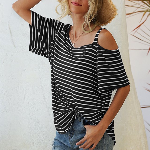 Camiseta Con Nudo En La Parte Delantera, Camiseta A Rayas A La Moda Informal Para La Playa Para Mujer YLSHRF Otros
