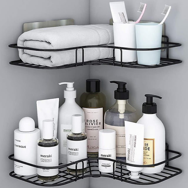 Juego de 2 estantes de esquina para baño con pegatinas adhesivas de acero inoxidable antioxidantes para accesorios de cocina y baño. Incluye 8 pegatinas adhesivas (azul)