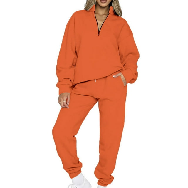 Bellella Ladies Two Piece Outfit Long Sleeve Tracksuit Set Solid Color Jogger Sets V Neck Sweatshirt And Sweatpants Sweatsuits Orange M