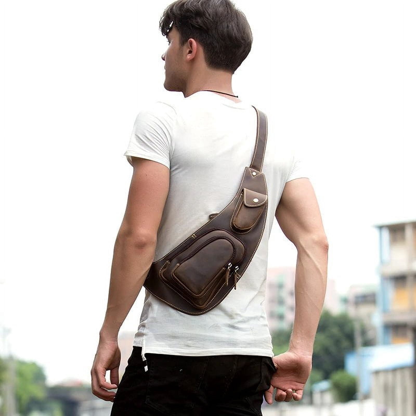Men's Leather Sling Bag - Genuine Natural Leather Chest Pack with Multiple Pockets, Adjustable Strap - Stylish and Lightweight Crossbody for Phone, Wallet, and Essentials - 6.3"x11.8"x2.4"