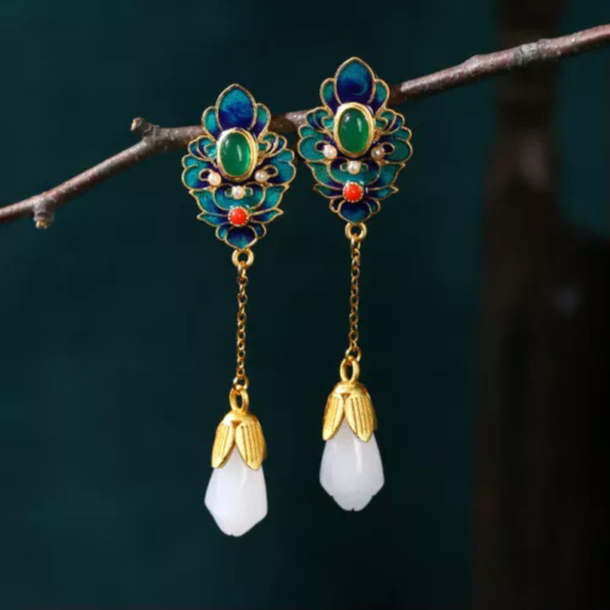 EOEMY Enamel Ethnic Chinese Vintage Dangle Drop Hook Earring For Women Earring Jewelry