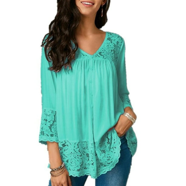 FreshLook - Women Solid Color 3/4 Sleeve Blouse Lace-paneled V-neck ...