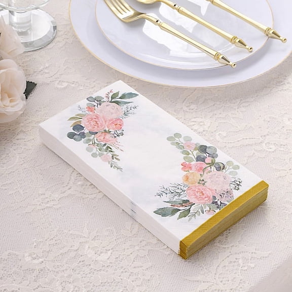 BalsaCircle 20 White 2 Ply Disposable Dinner Paper Napkins Peony Flower Print Gold Edge Party Events Decorations