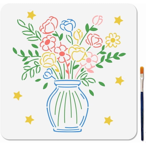 Flower Vase Stencil Wildflowers Painting Stencils 11.8x11.8inch Reusable Floral Bouquet Star Drawing Templates with Paint Brush for DIY Craft on Window Wood Wall Home Decoration DIY