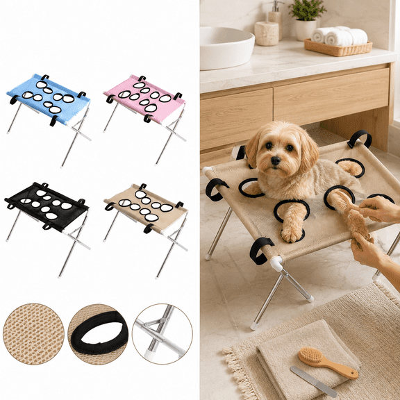 Dog Grooming Table with Foldable Iron Stand, Pet Grooming Hammock for Cats and Small Dogs, Raised Mesh Grooming Bed for Nail Trimming, Paw Cleaning, Bathing and Daily Pet Care, Blue