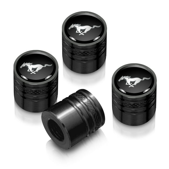 Ford Mustang in Black on Black Aluminum Cylinder-Style Tire Valve Stem Caps