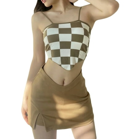

Women Summer Midriff-baring Camisole Checkerboard Plaid Triangular Hem Sleeveless Backless Tops