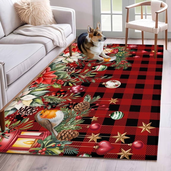 Christmas Plaid Area Rug 4x6 Washable Rug Non Slip Xams Tree Winter Poinsettia Pine Cones Large Area Rug Indoor Floor Carpet for Entryway Bedroom Kitchen Living Room Home Office Dining Room Nursery