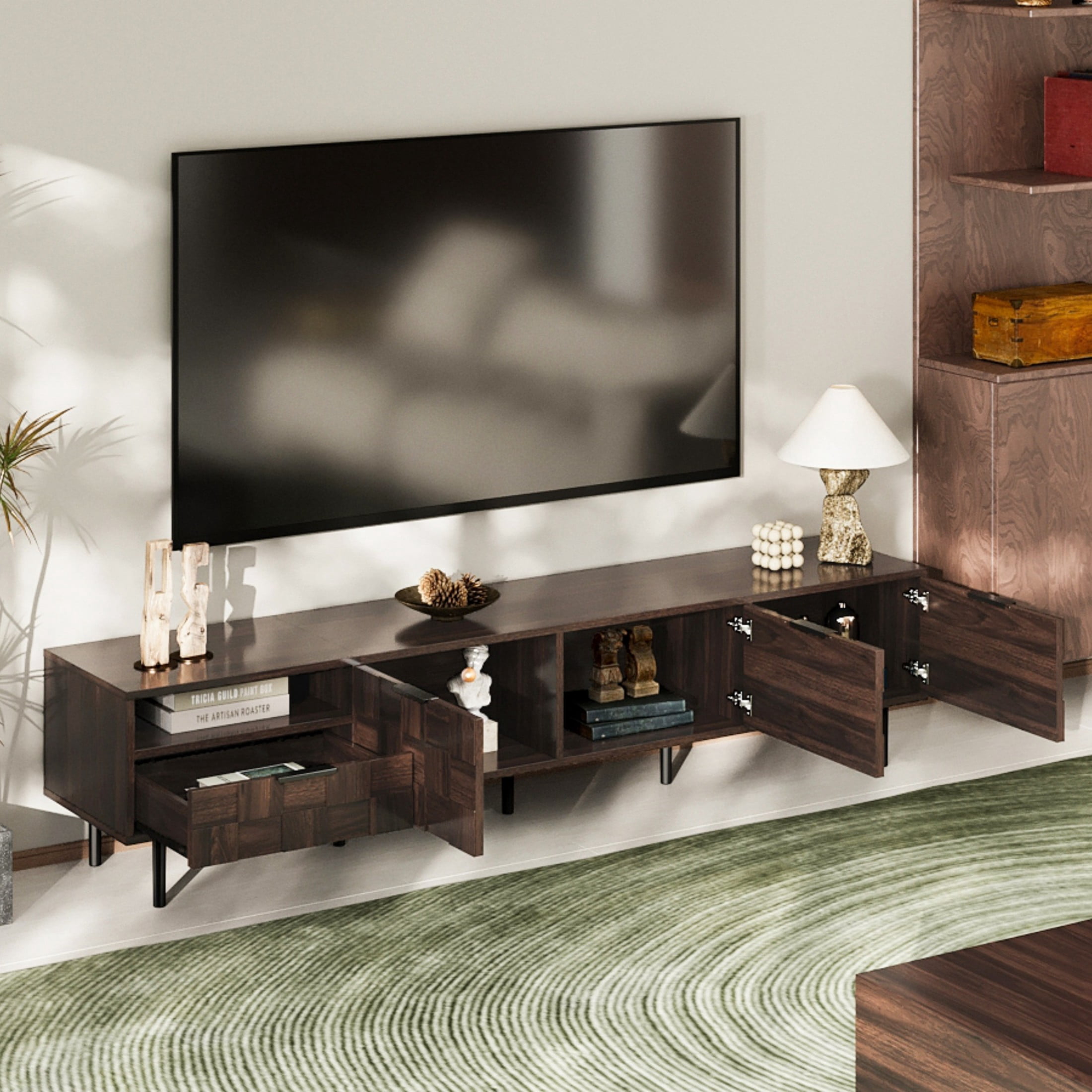 Noble House TV Stand for TVs up to 85 Inch with Storage Cabinets, Drawer and Open Shelf, Walnut