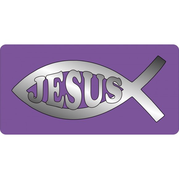 Jesus Fish Chrome On Purple Photo License Plate