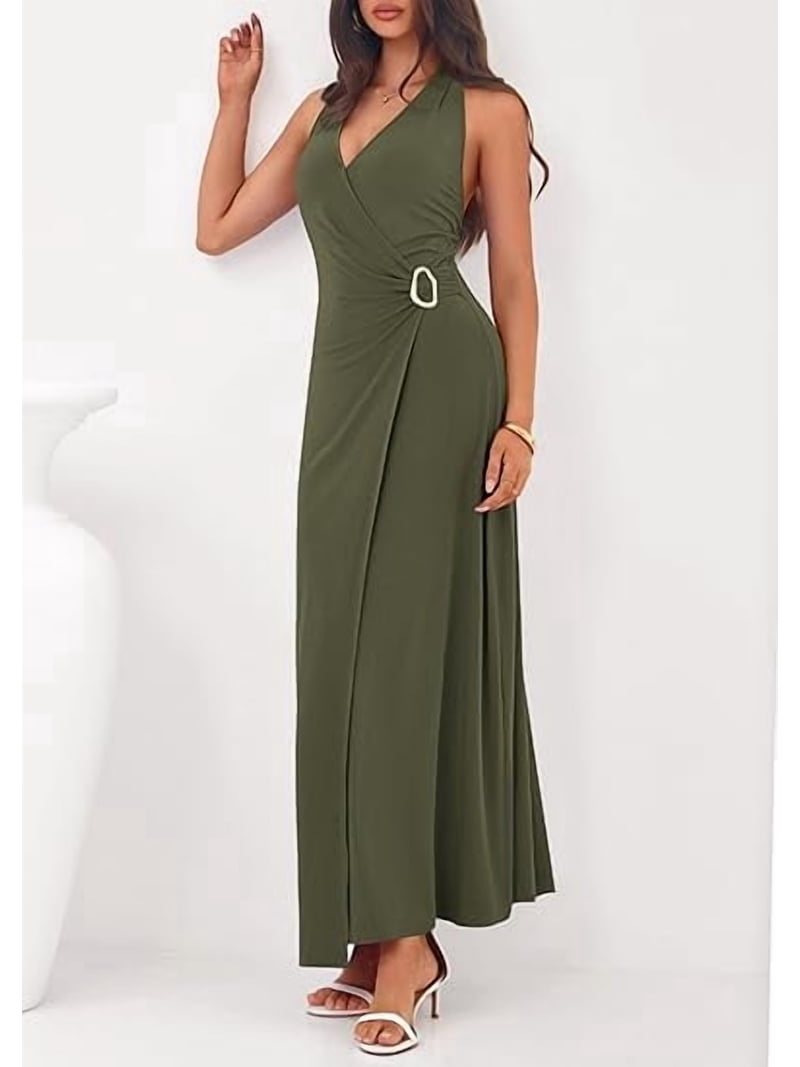 PRETTYGARDEN Holiday Cocktail Dresses for Women Summer Elegant V Neck  Halter Backless Wedding Guest Party Midi Dress - Walmart.com