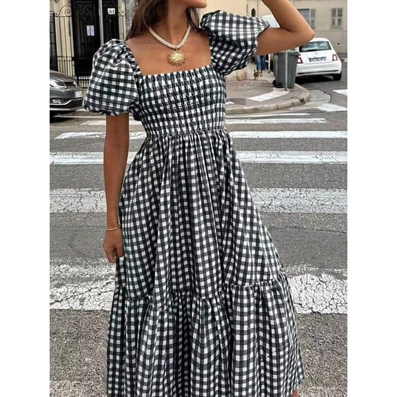 Black and White Gingham Boho Midi Dress for Women Puff Sleeve Cinched